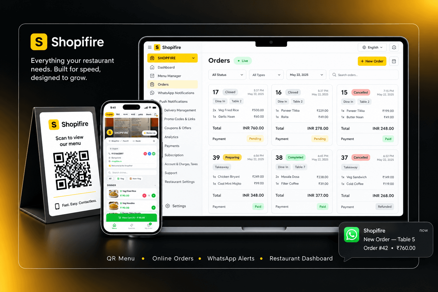 Shopifire product preview: QR menu on phone, restaurant orders dashboard, and WhatsApp order alerts
